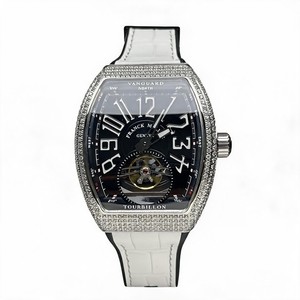 W-0001Franck Muller Vanguard Style Diamond Set Tourbillon Watch, Black Dial Arabic Numeral Leather Strap