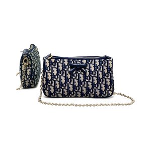 Dior Oblique Bow Chain Pouch in Canvas with Leather Trim and Zipper for Shoulder Bag Carry