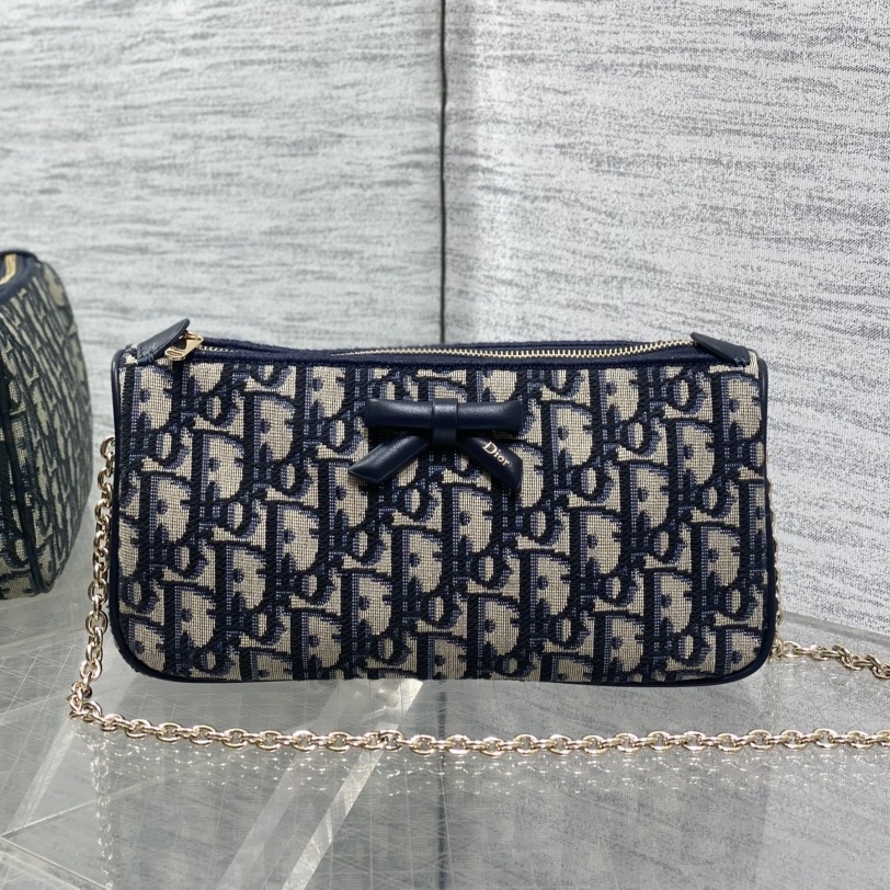 Dior Oblique Bow Chain Pouch in Canvas with Leather Trim and Zipper for Shoulder Bag Carry