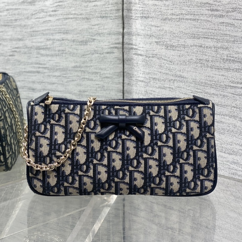 Dior Oblique Bow Chain Pouch in Canvas with Leather Trim and Zipper for Shoulder Bag Carry