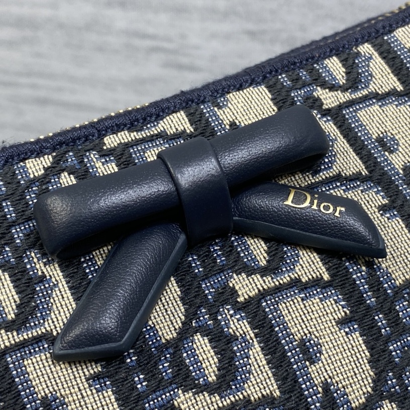Dior Oblique Bow Chain Pouch in Canvas with Leather Trim and Zipper for Shoulder Bag Carry