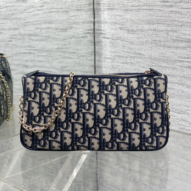 Dior Oblique Bow Chain Pouch in Canvas with Leather Trim and Zipper for Shoulder Bag Carry