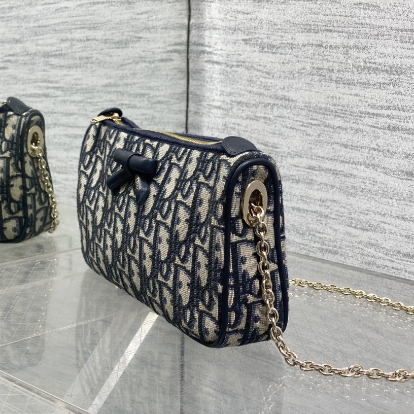 Dior Oblique Bow Chain Pouch in Canvas with Leather Trim and Zipper for Shoulder Bag Carry