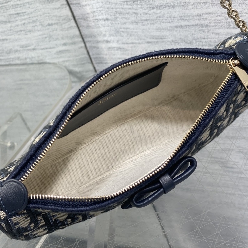 Dior Oblique Bow Chain Pouch in Canvas with Leather Trim and Zipper for Shoulder Bag Carry