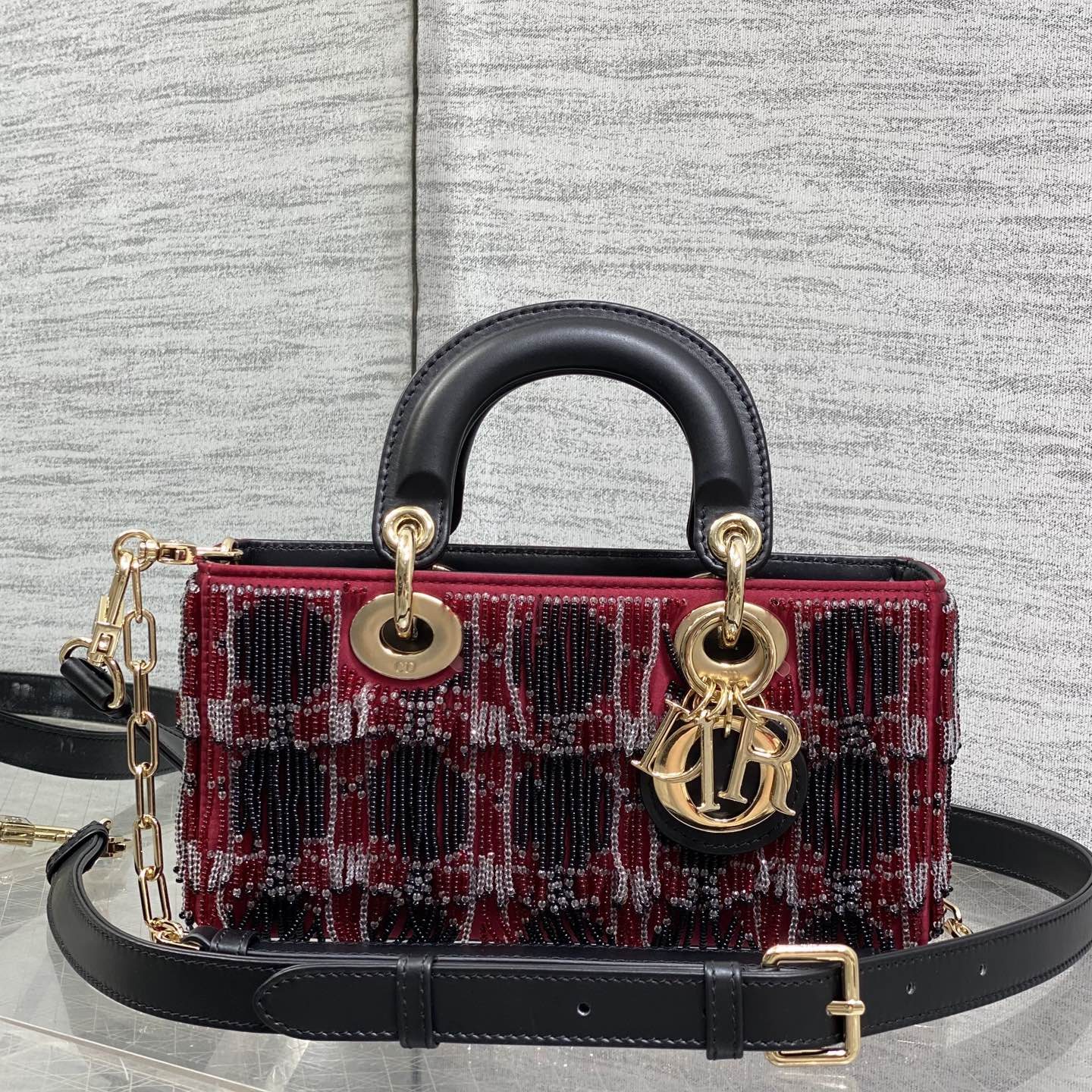 Dior Lady in Cannage Quilted Fabric with Beading and Magnetic Snap for Handheld Carry