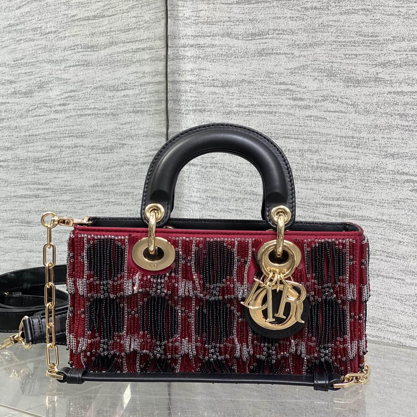 Dior Lady in Cannage Quilted Fabric with Beading and Magnetic Snap for Handheld Carry