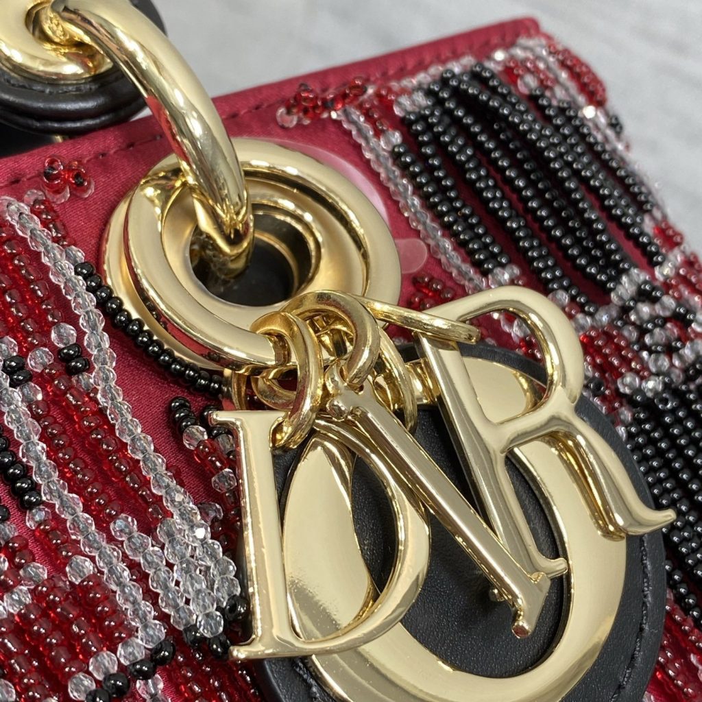 Dior Lady in Cannage Quilted Fabric with Beading and Magnetic Snap for Handheld Carry