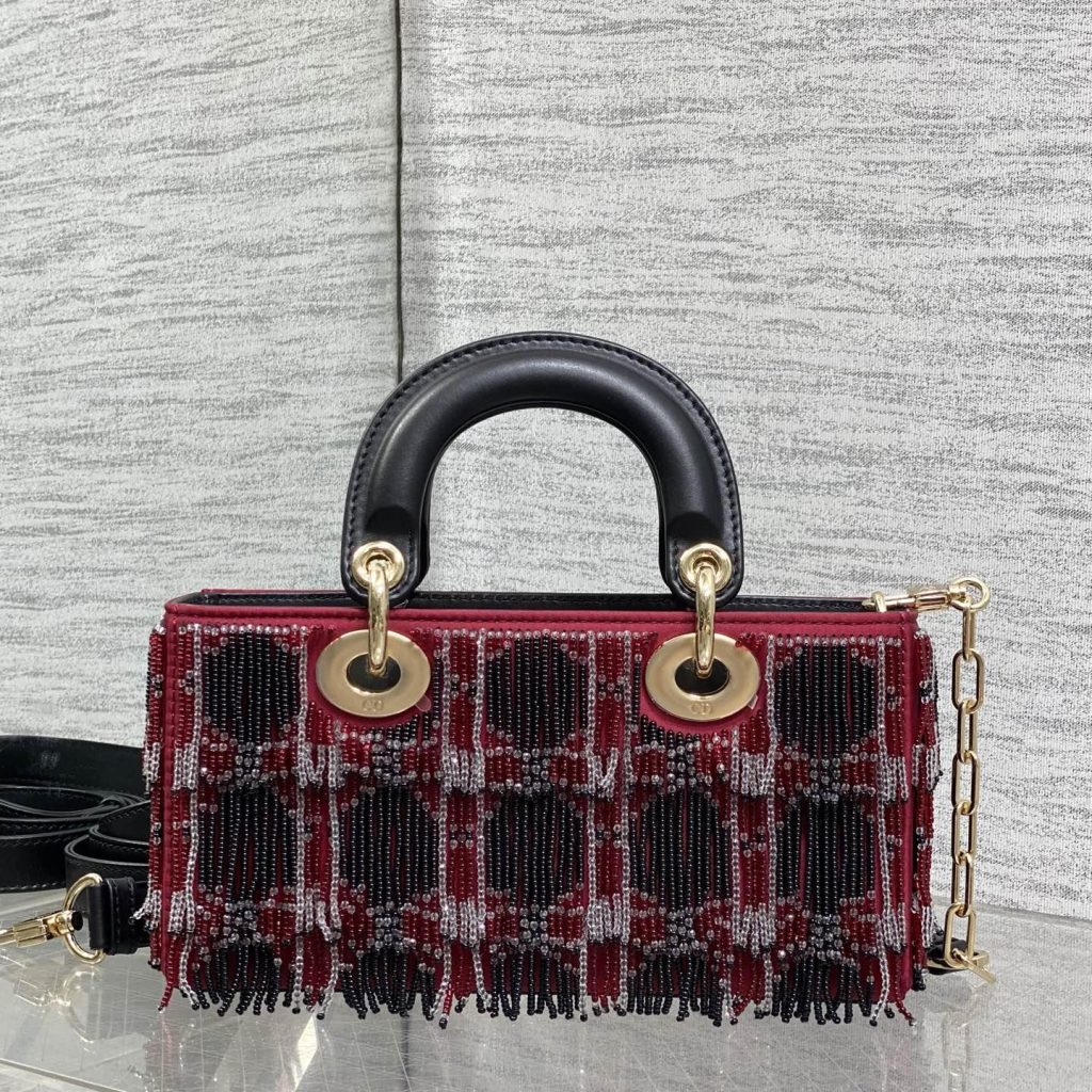 Dior Lady in Cannage Quilted Fabric with Beading and Magnetic Snap for Handheld Carry