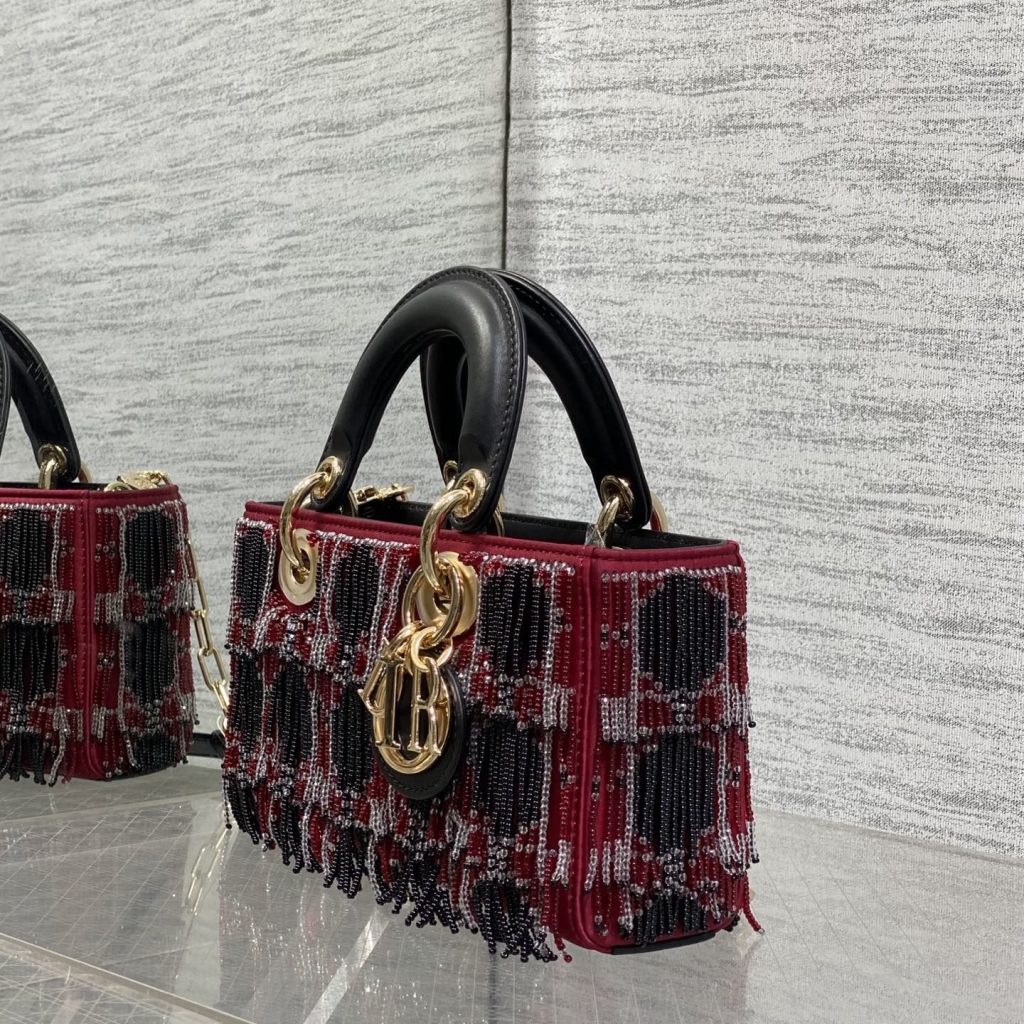 Dior Lady in Cannage Quilted Fabric with Beading and Magnetic Snap for Handheld Carry