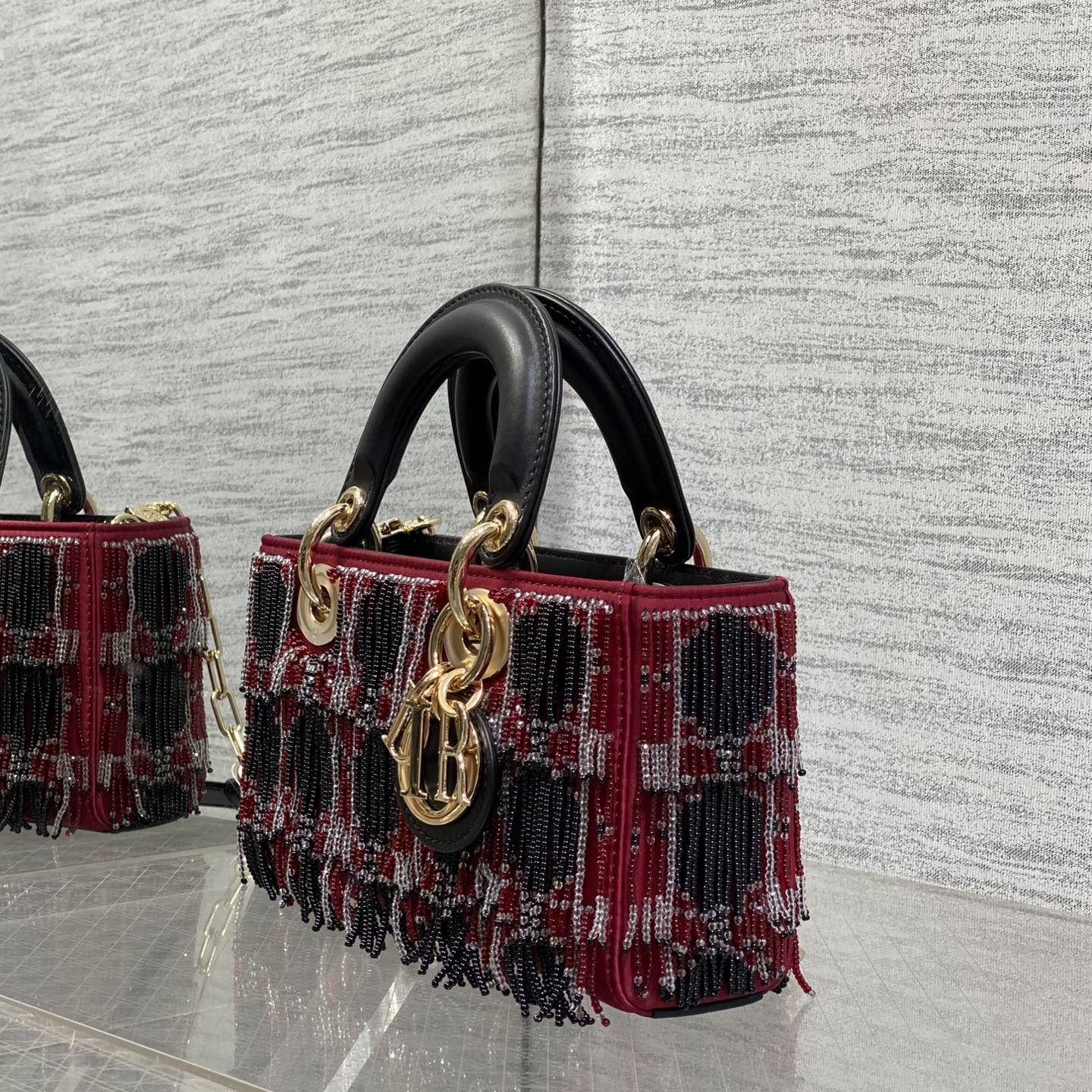 Dior Lady in Cannage Quilted Fabric with Beading and Magnetic Snap for Handheld Carry