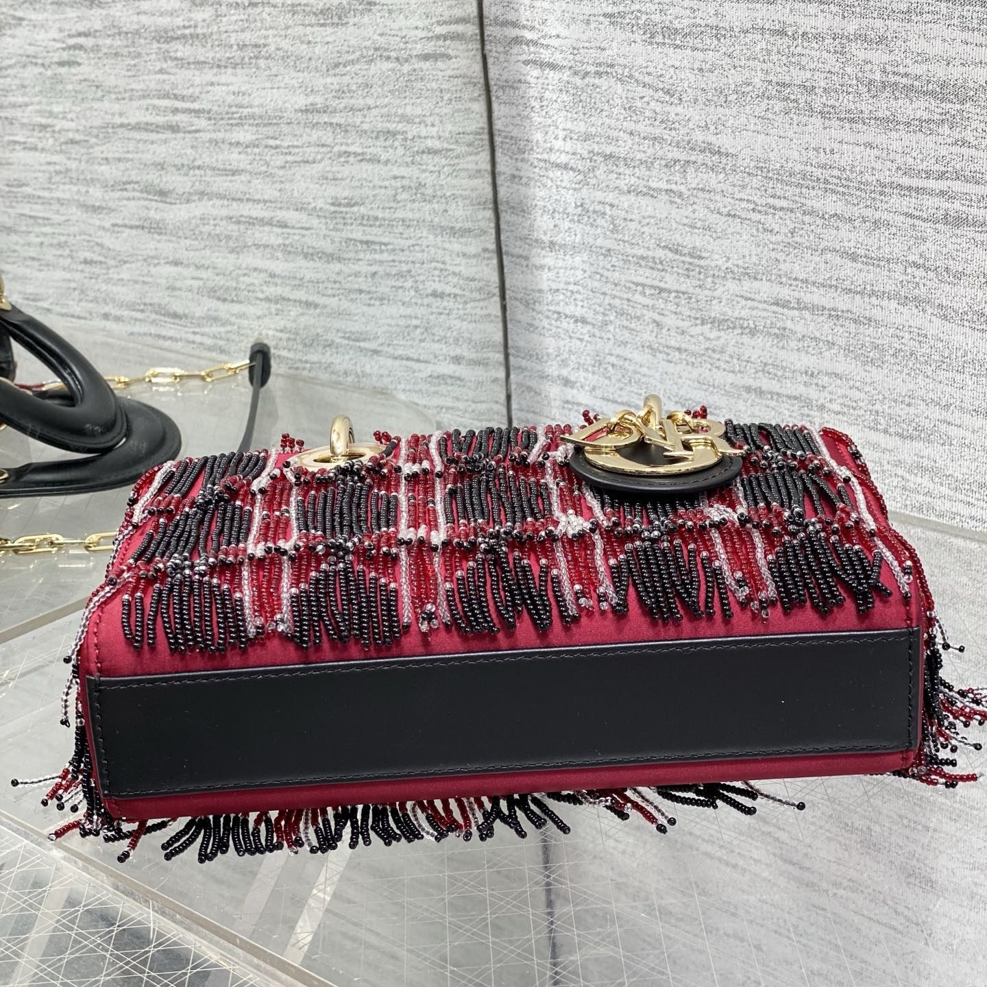 Dior Lady in Cannage Quilted Fabric with Beading and Magnetic Snap for Handheld Carry