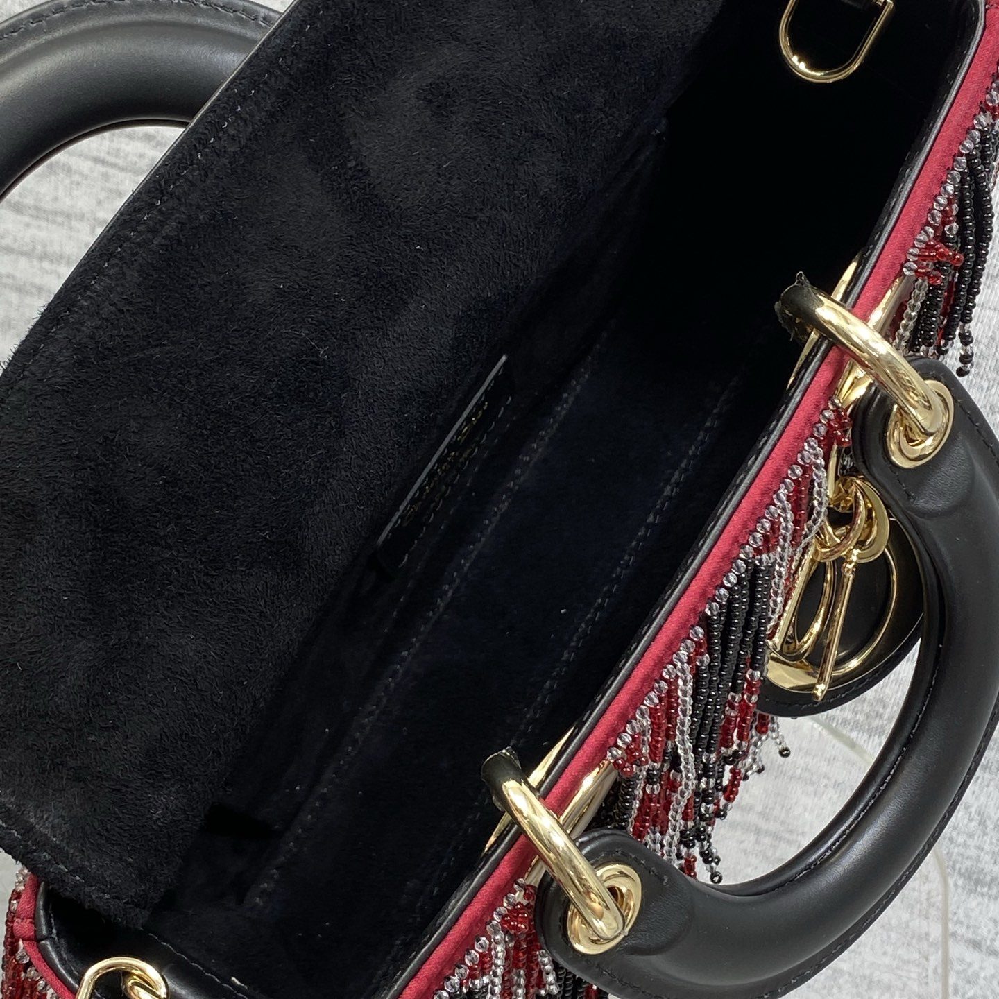 Dior Lady in Cannage Quilted Fabric with Beading and Magnetic Snap for Handheld Carry