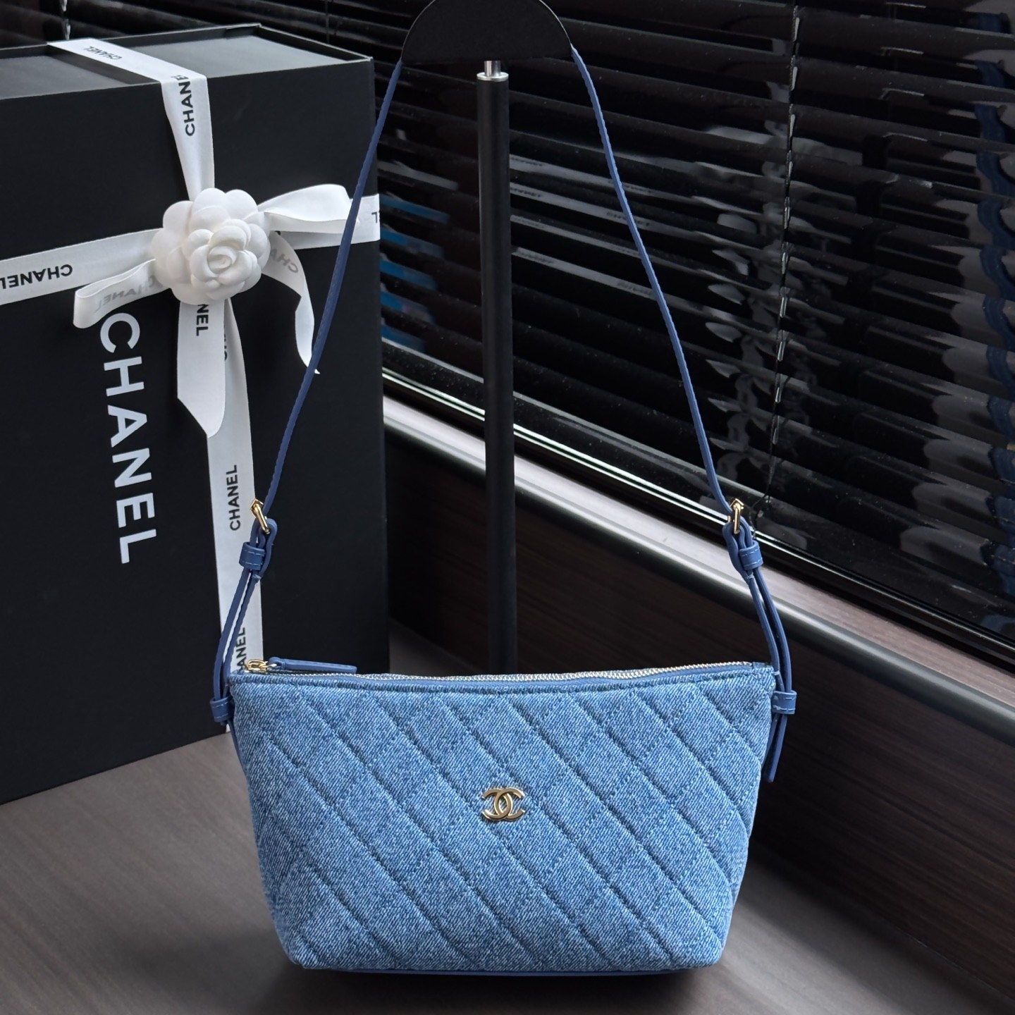 Chanel Bucket PM in Beige Denim with Zipper and Gold Hardware for Shoulder Crossbody Carry