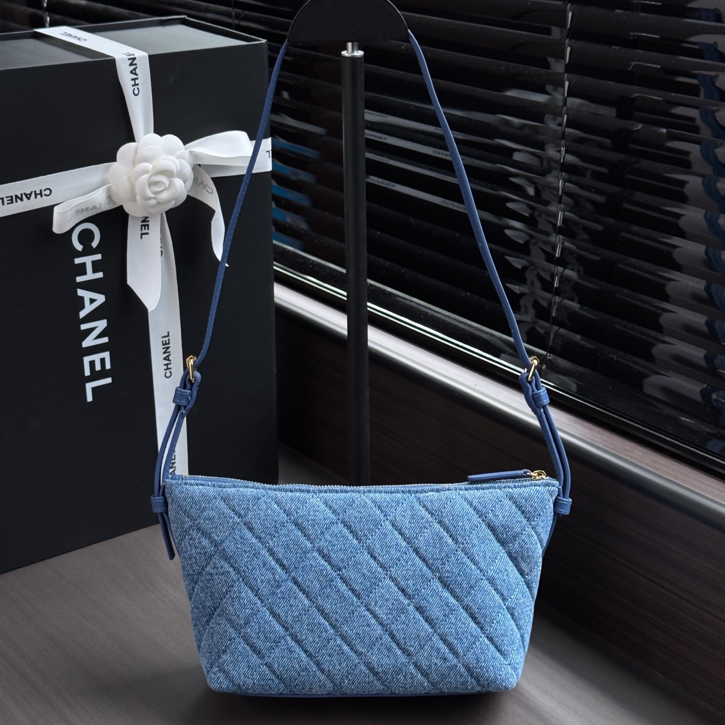 Chanel Bucket PM in Beige Denim with Zipper and Gold Hardware for Shoulder Crossbody Carry