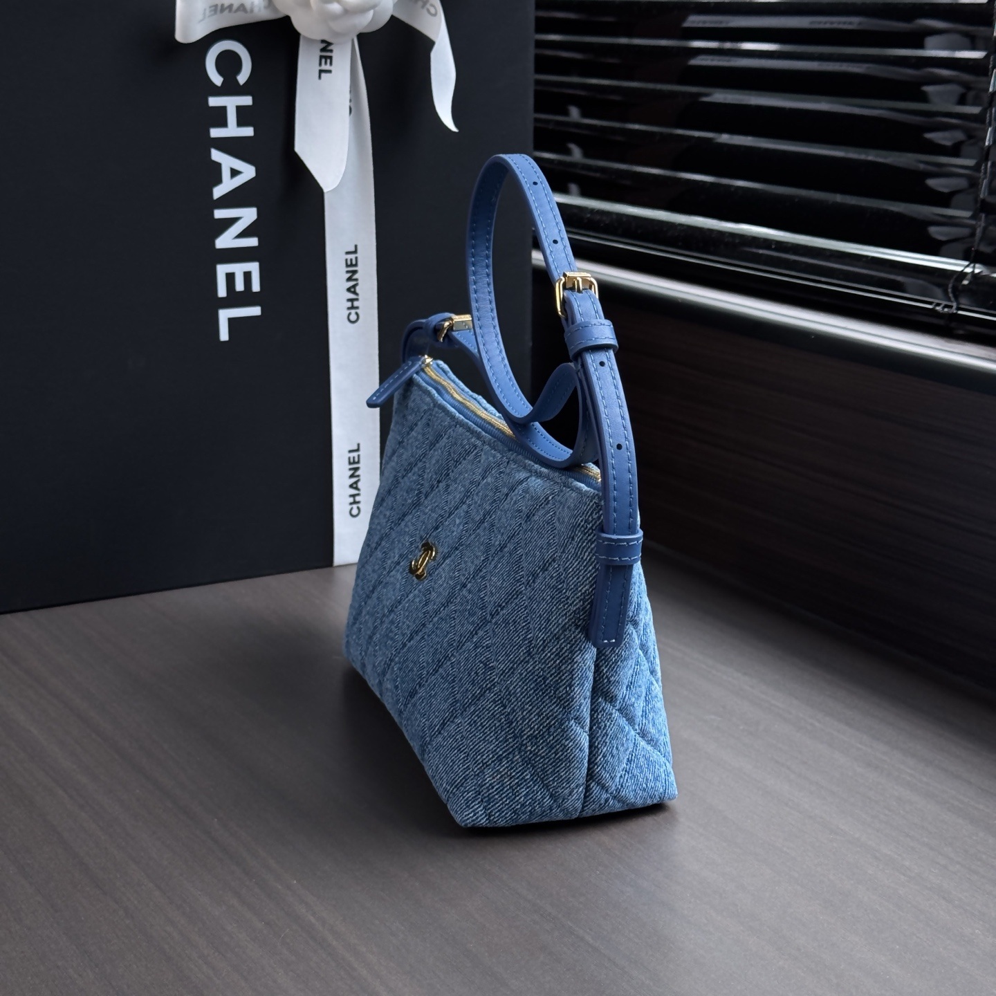 Chanel Bucket PM in Beige Denim with Zipper and Gold Hardware for Shoulder Crossbody Carry