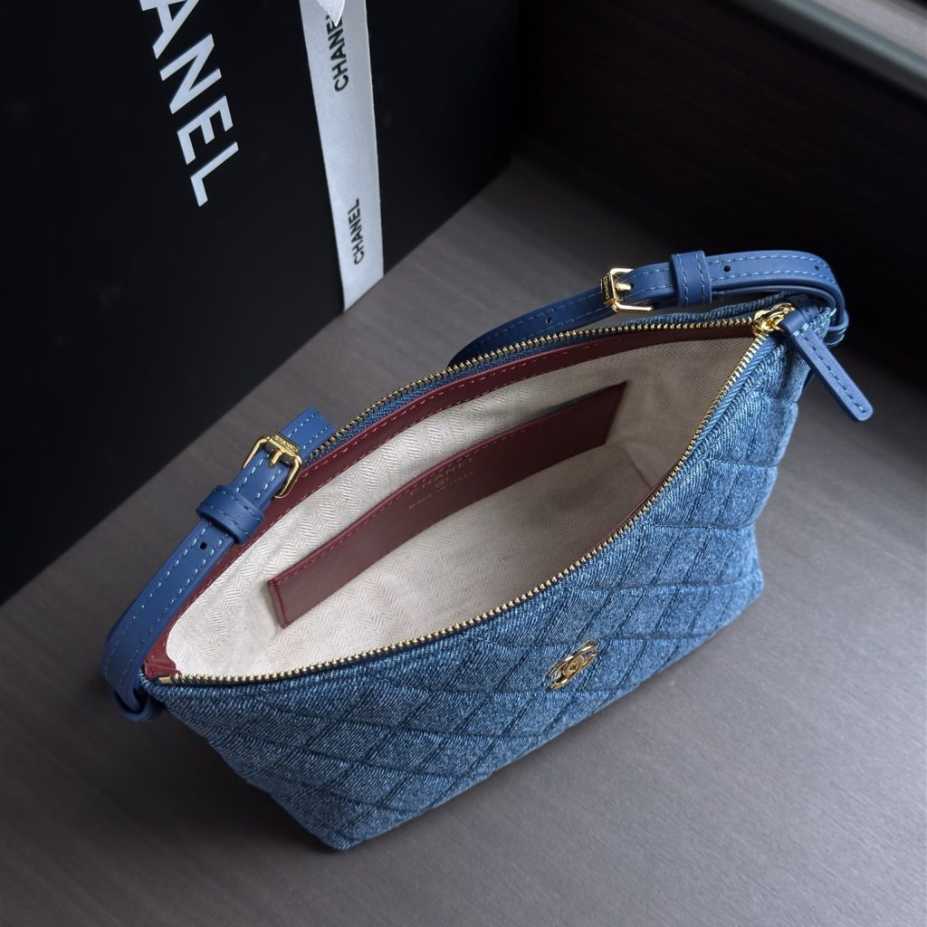 Chanel Bucket PM in Beige Denim with Zipper and Gold Hardware for Shoulder Crossbody Carry