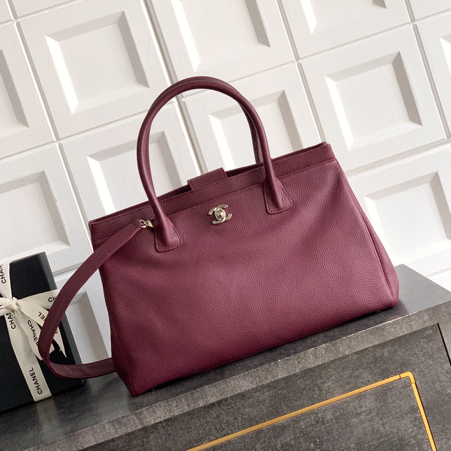 Chanel Cerf Tote Large in Calfskin Leather with Zipper Closure for Hand Shoulder Crossbody Carry