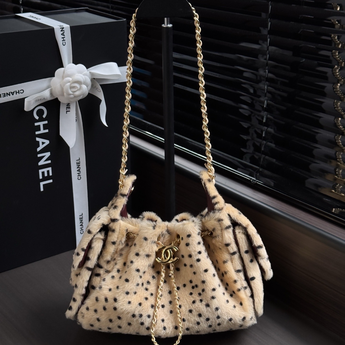 Chanel Mini Bucket Bag in Short Pile Fur with Drawstring and Gold Hardware for Shoulder Carry