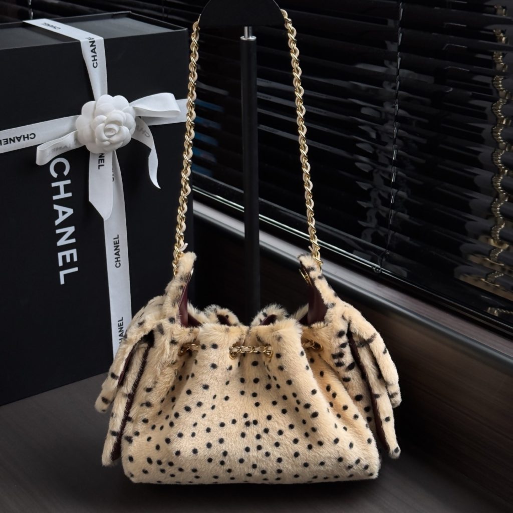 Chanel Mini Bucket Bag in Short Pile Fur with Drawstring and Gold Hardware for Shoulder Carry