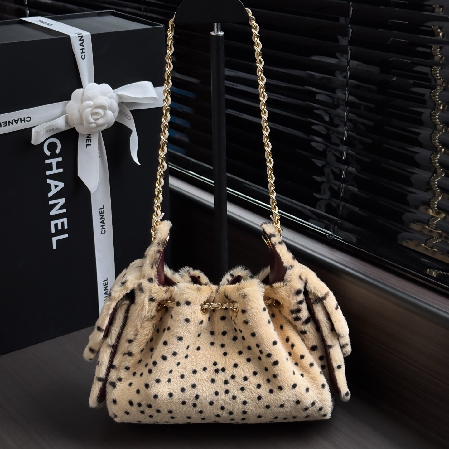 Chanel Mini Bucket Bag in Short Pile Fur with Drawstring and Gold Hardware for Shoulder Carry