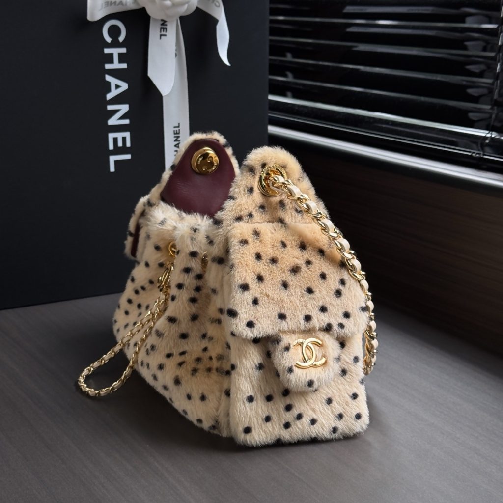 Chanel Mini Bucket Bag in Short Pile Fur with Drawstring and Gold Hardware for Shoulder Carry