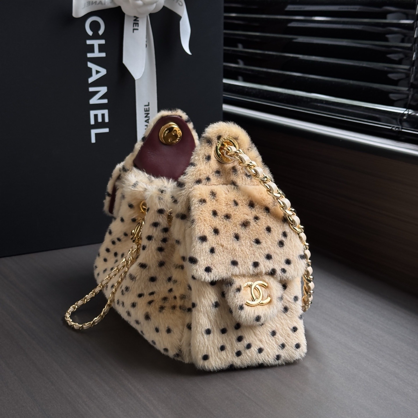 Chanel Mini Bucket Bag in Short Pile Fur with Drawstring and Gold Hardware for Shoulder Carry