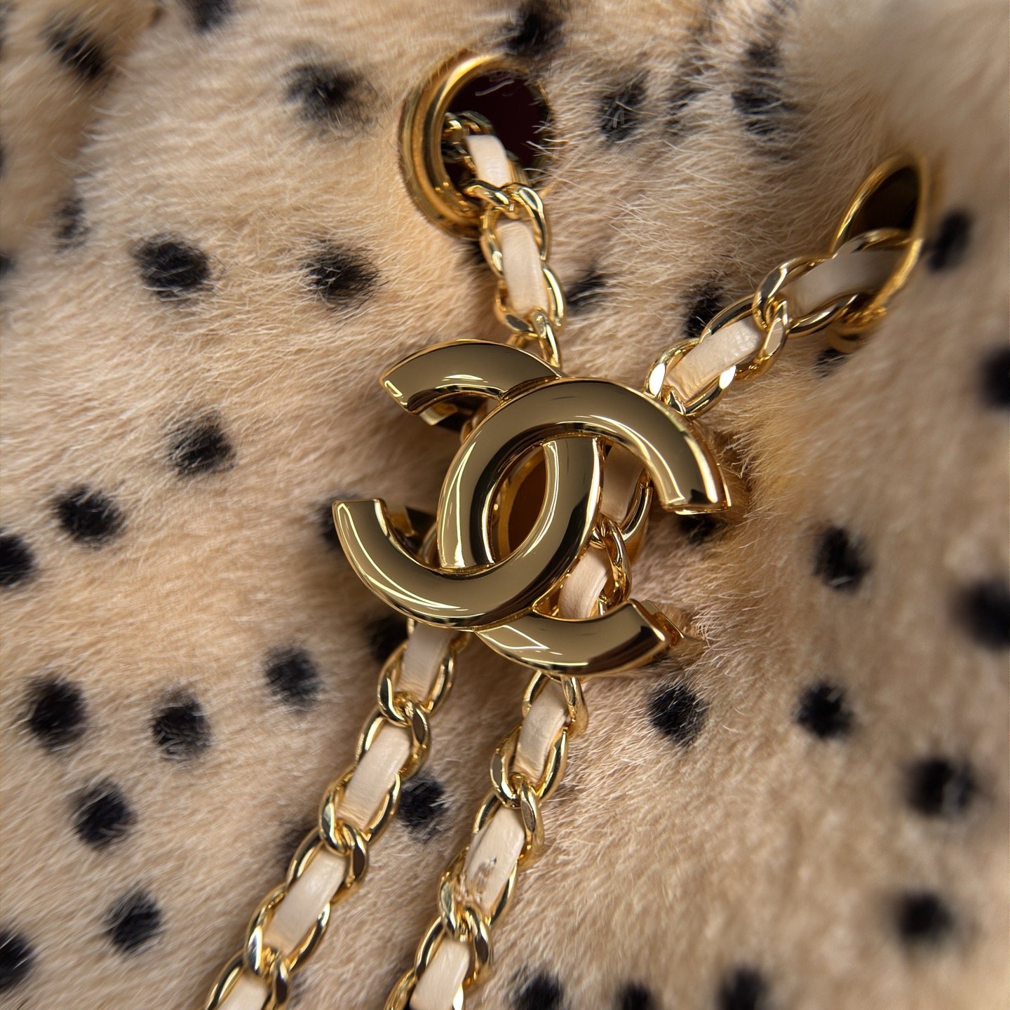 Chanel Mini Bucket Bag in Short Pile Fur with Drawstring and Gold Hardware for Shoulder Carry