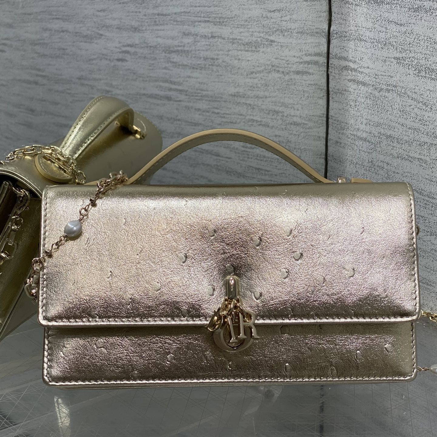 Dior Lady in Embossed Ostrich Grain Leather with Flap and Turn-lock for Handheld Carry