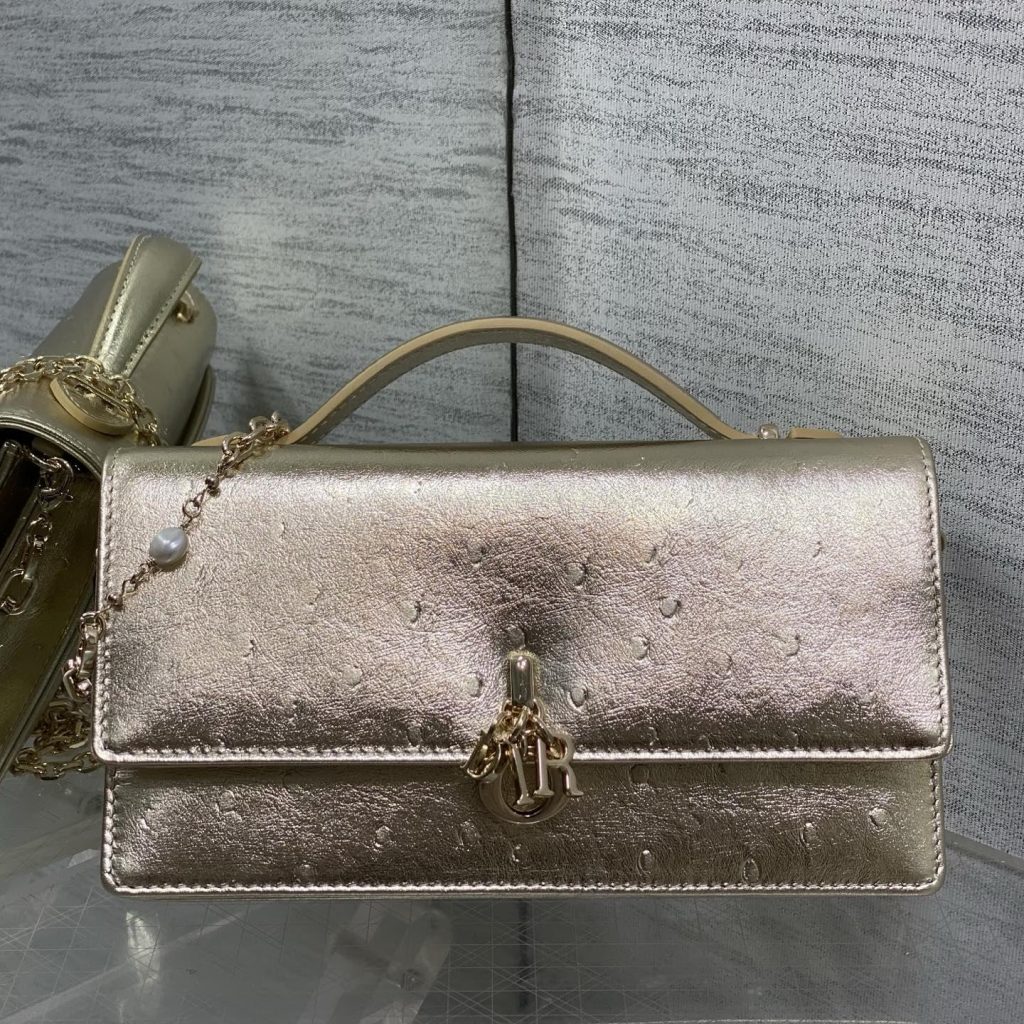 Dior Lady in Embossed Ostrich Grain Leather with Flap and Turn-lock for Handheld Carry