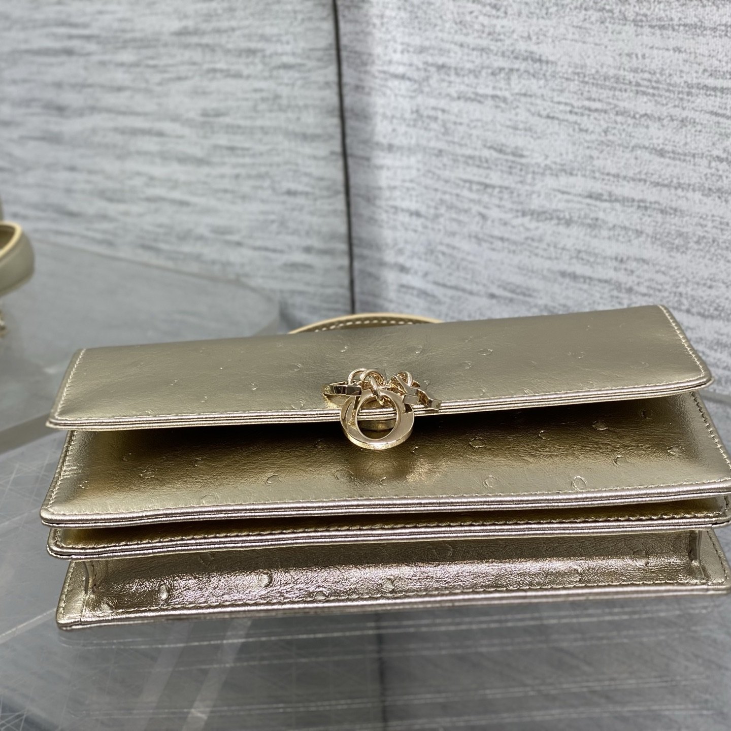 Dior Lady in Embossed Ostrich Grain Leather with Flap and Turn-lock for Handheld Carry