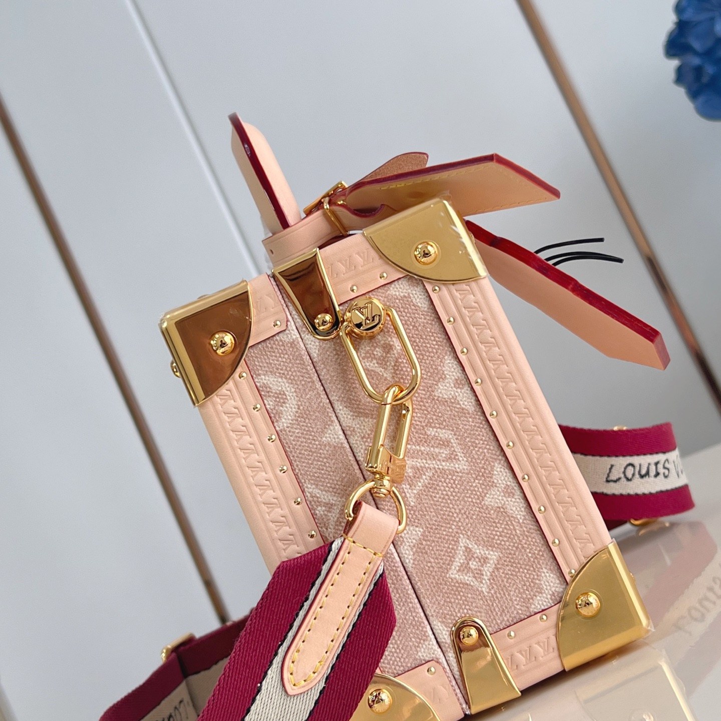 Louis Vuitton Petite Valise in Monogram Linen Canvas with Pink Leather Trim and Turn-lock Clasp