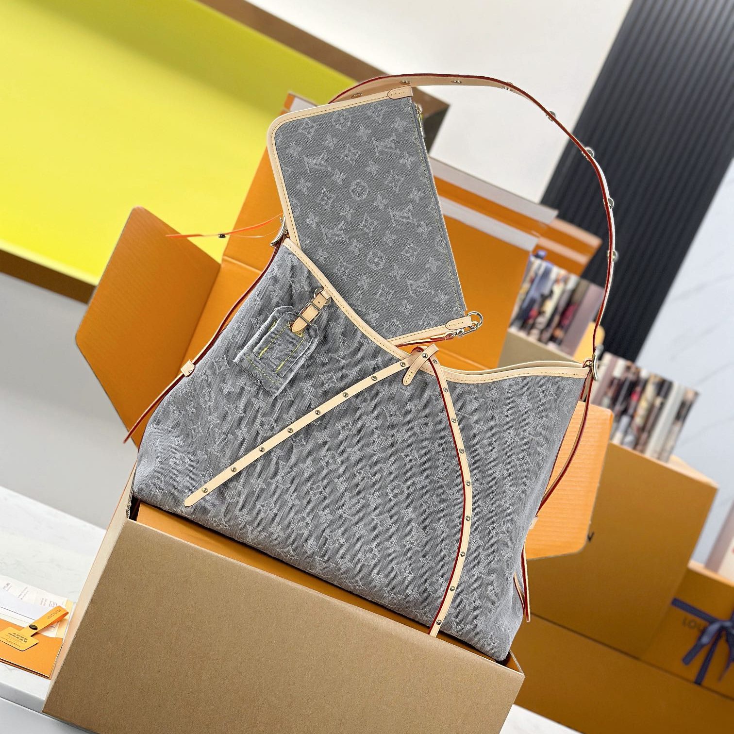 Louis Vuitton Carryall in Monogram Eclipse Canvas / Grey Denim with Zipper Closure for Shoulder Hobo