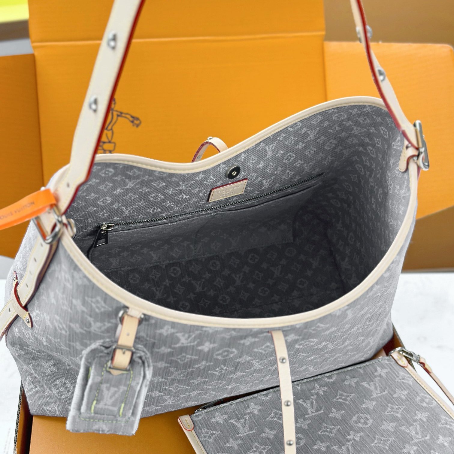 Louis Vuitton Carryall in Monogram Eclipse Canvas / Grey Denim with Zipper Closure for Shoulder Hobo