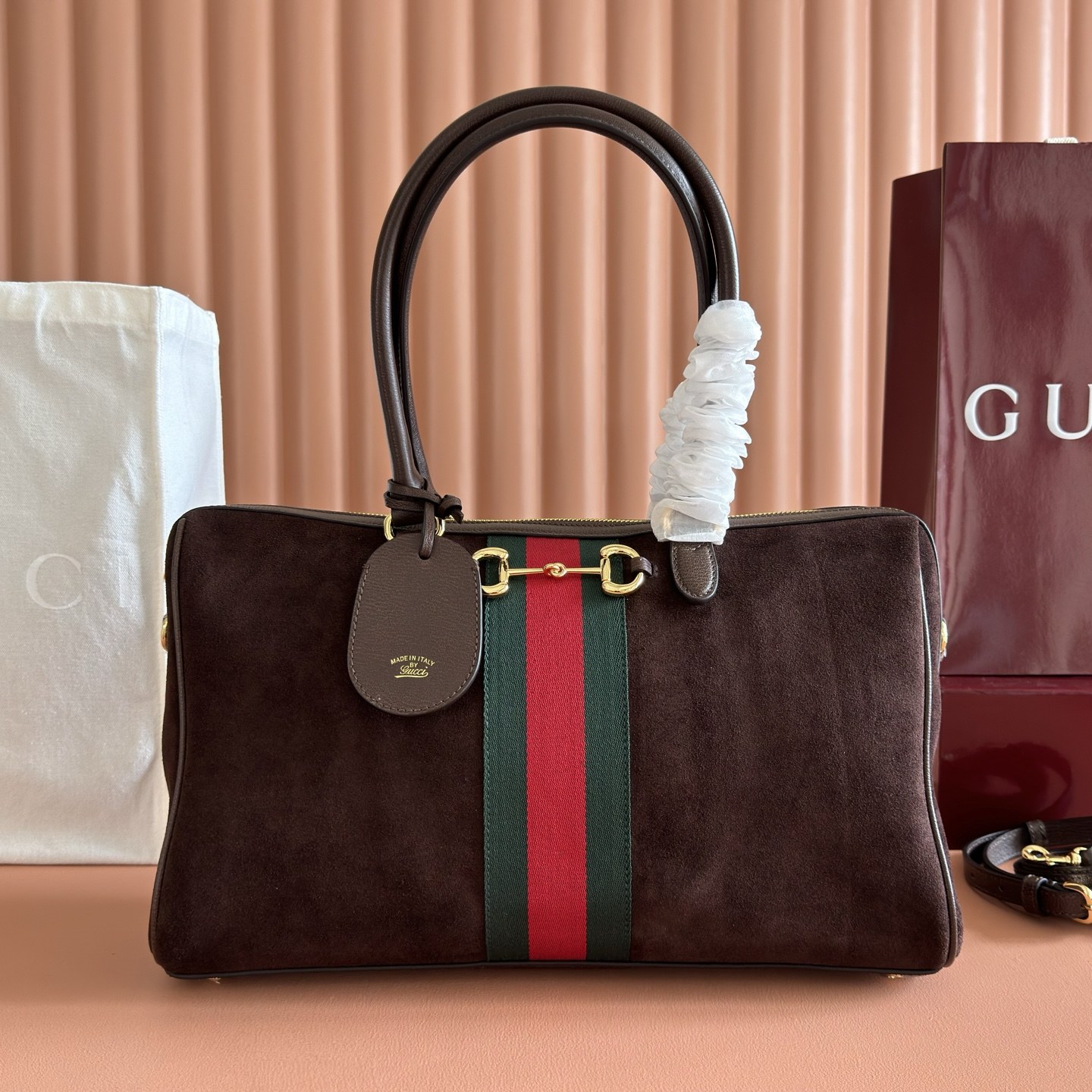 Gucci Horsebit 1955 Medium in Suede with Leather Trim and Zipper for Hand Shoulder Carry