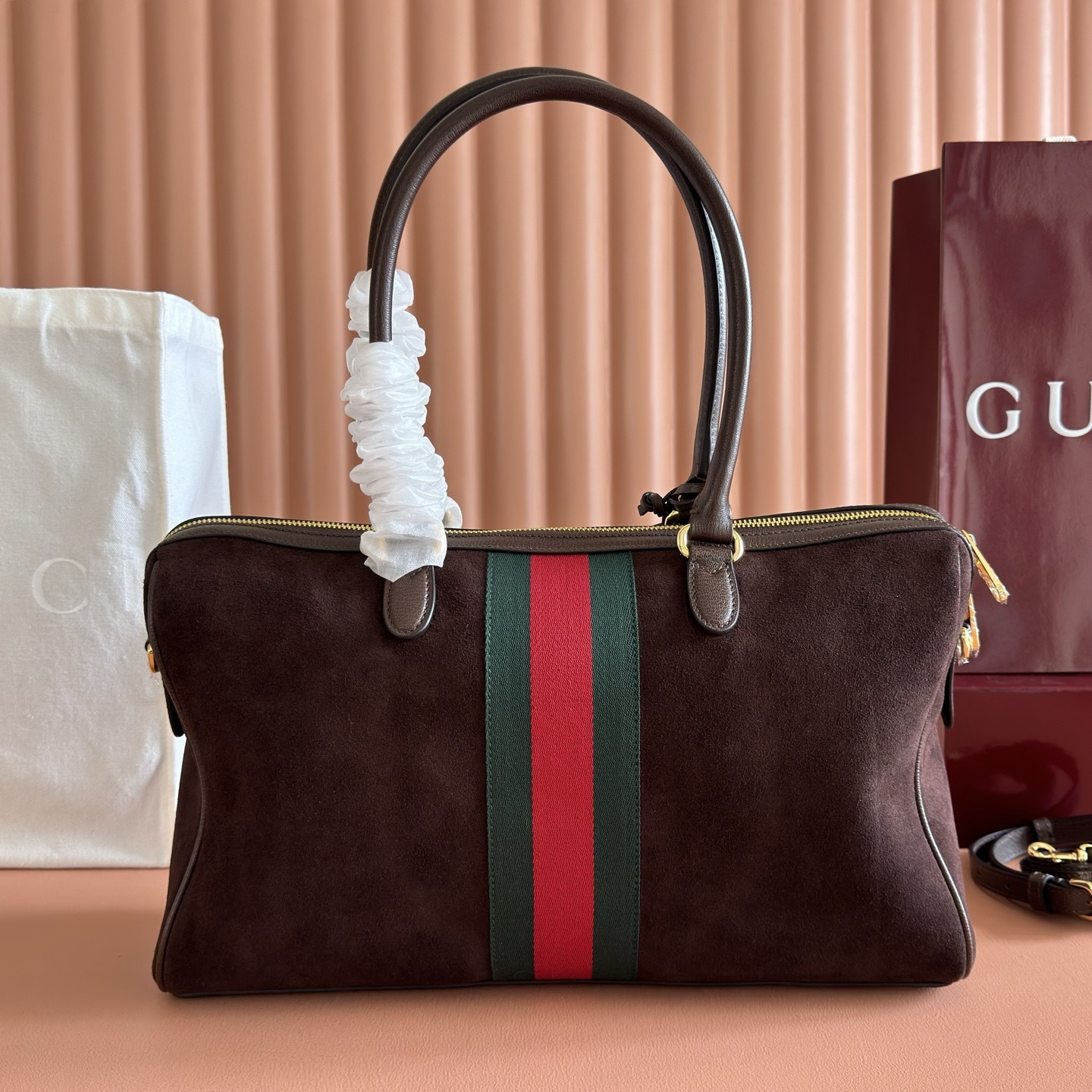 Gucci Horsebit 1955 Medium in Suede with Leather Trim and Zipper for Hand Shoulder Carry
