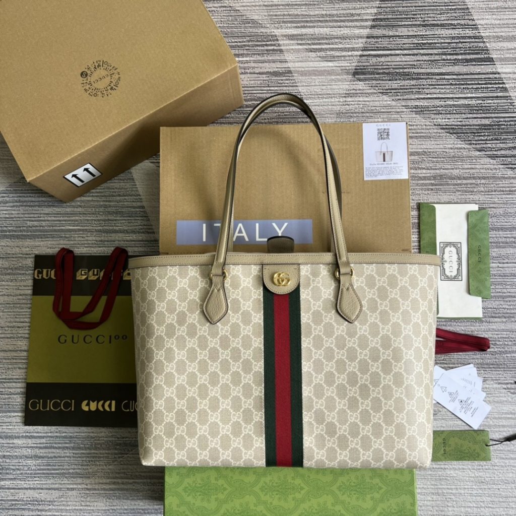 Gucci Ophidia 631685 in Canvas with GG Supreme Pattern and Beige Leather Trim and Open Top