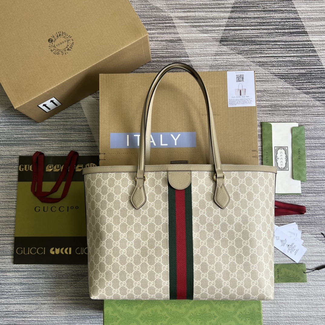 Gucci Ophidia 631685 in Canvas with GG Supreme Pattern and Beige Leather Trim and Open Top