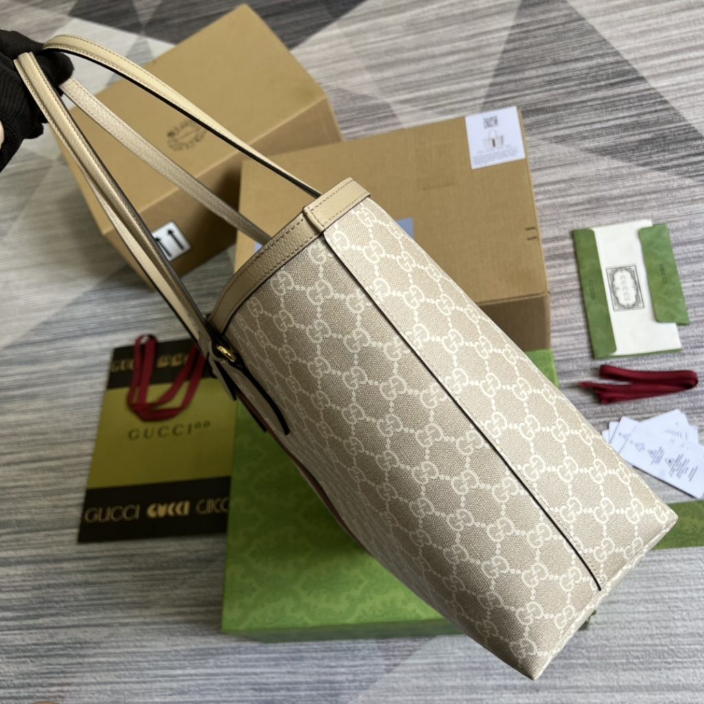 Gucci Ophidia 631685 in Canvas with GG Supreme Pattern and Beige Leather Trim and Open Top