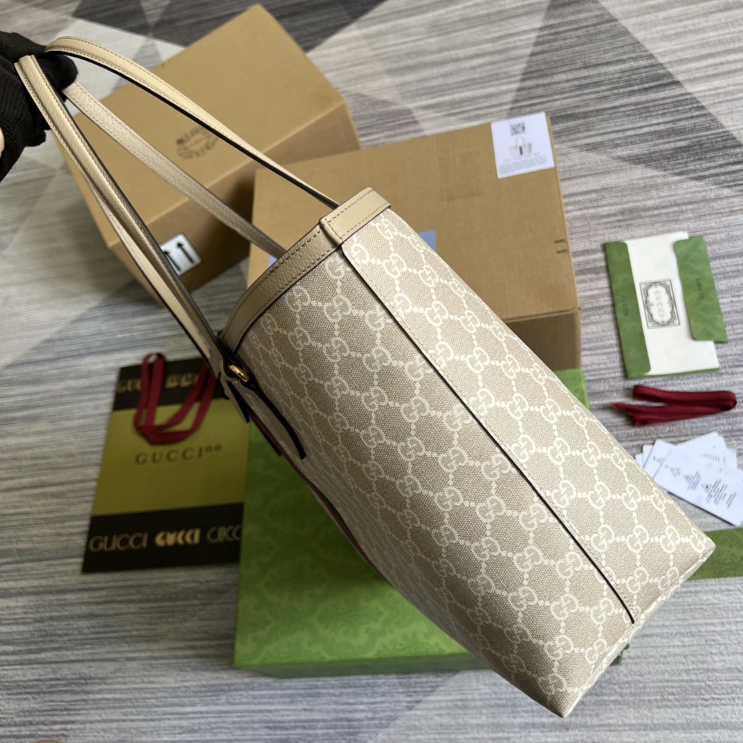 Gucci Ophidia 631685 in Canvas with GG Supreme Pattern and Beige Leather Trim and Open Top