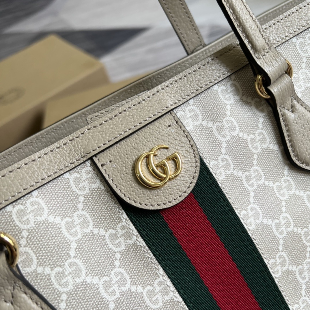 Gucci Ophidia 631685 in Canvas with GG Supreme Pattern and Beige Leather Trim and Open Top