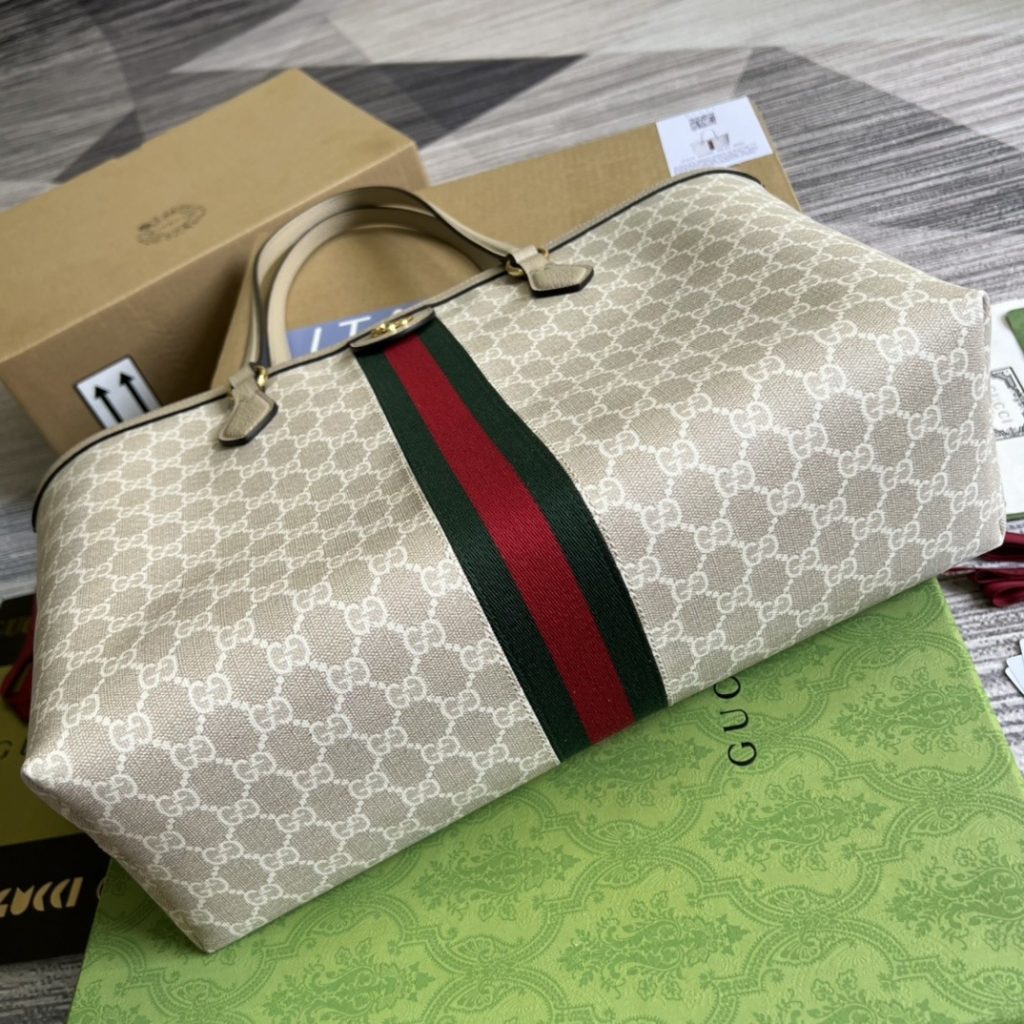 Gucci Ophidia 631685 in Canvas with GG Supreme Pattern and Beige Leather Trim and Open Top
