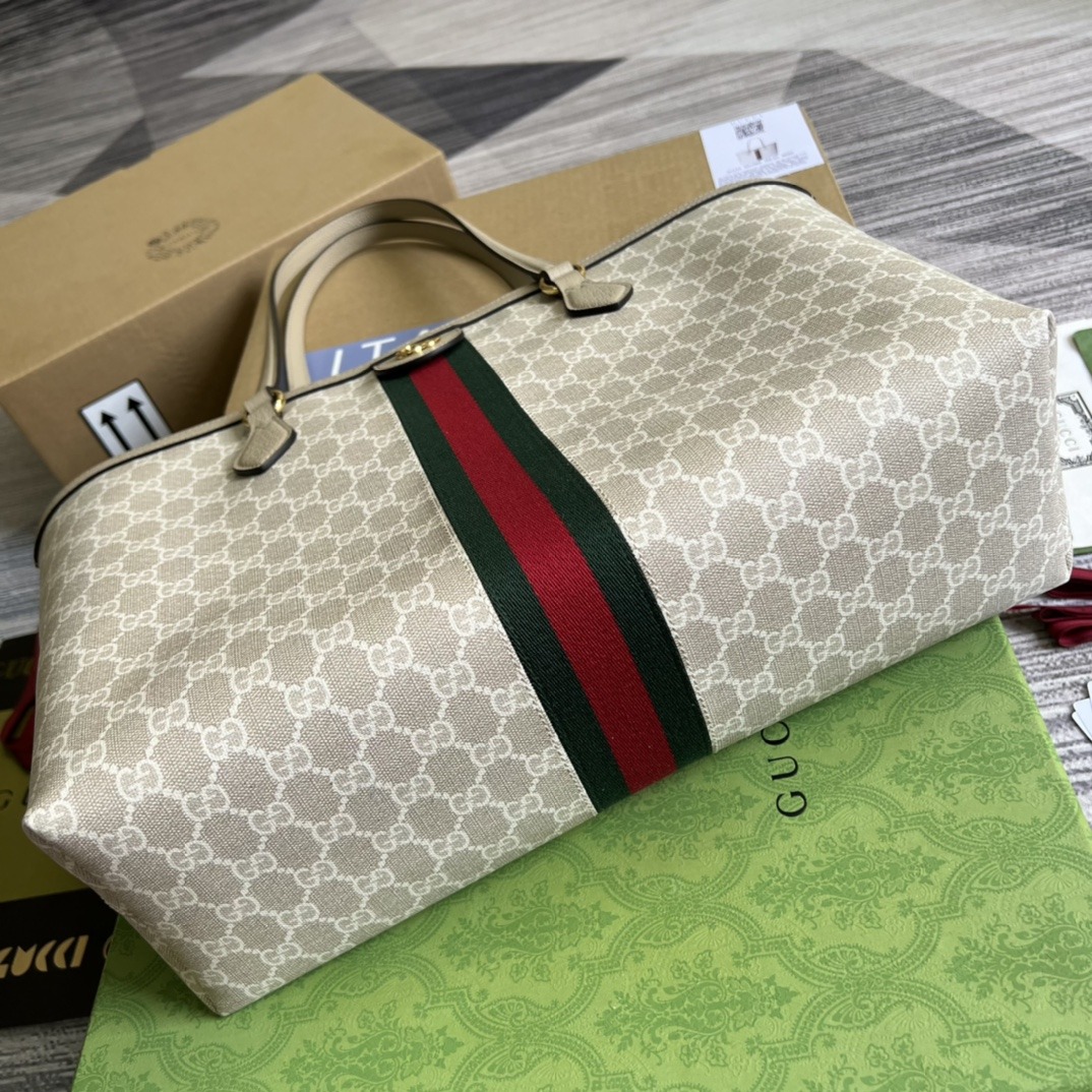 Gucci Ophidia 631685 in Canvas with GG Supreme Pattern and Beige Leather Trim and Open Top