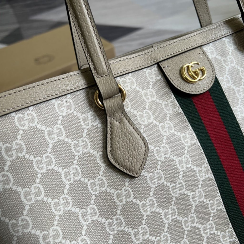 Gucci Ophidia 631685 in Canvas with GG Supreme Pattern and Beige Leather Trim and Open Top