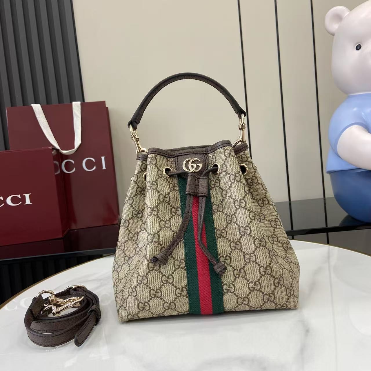 Gucci Bucket 498156 in Beige GG Supreme Canvas with Leather Trim and Drawstring Designer Bag