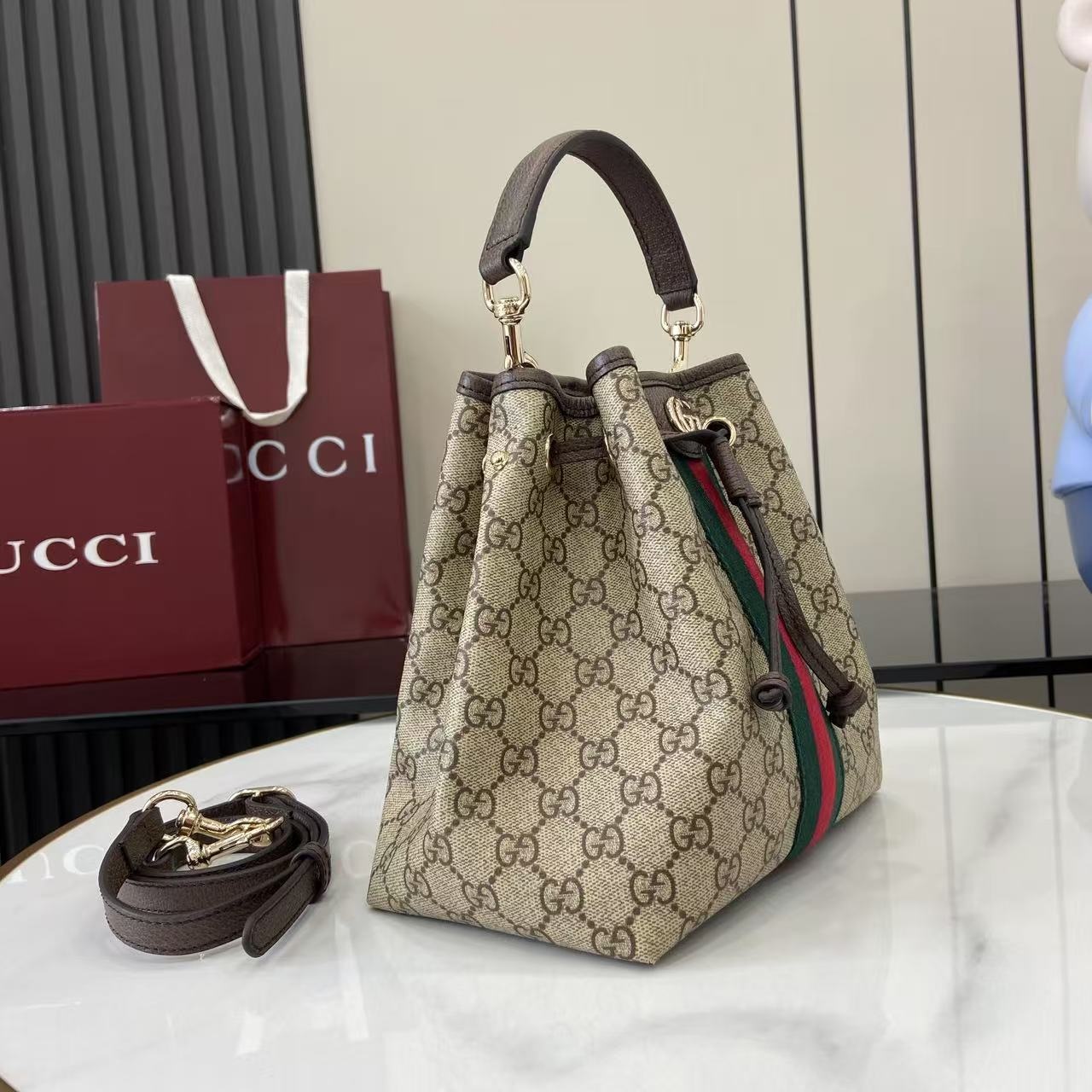 Gucci Bucket 498156 in Beige GG Supreme Canvas with Leather Trim and Drawstring Designer Bag