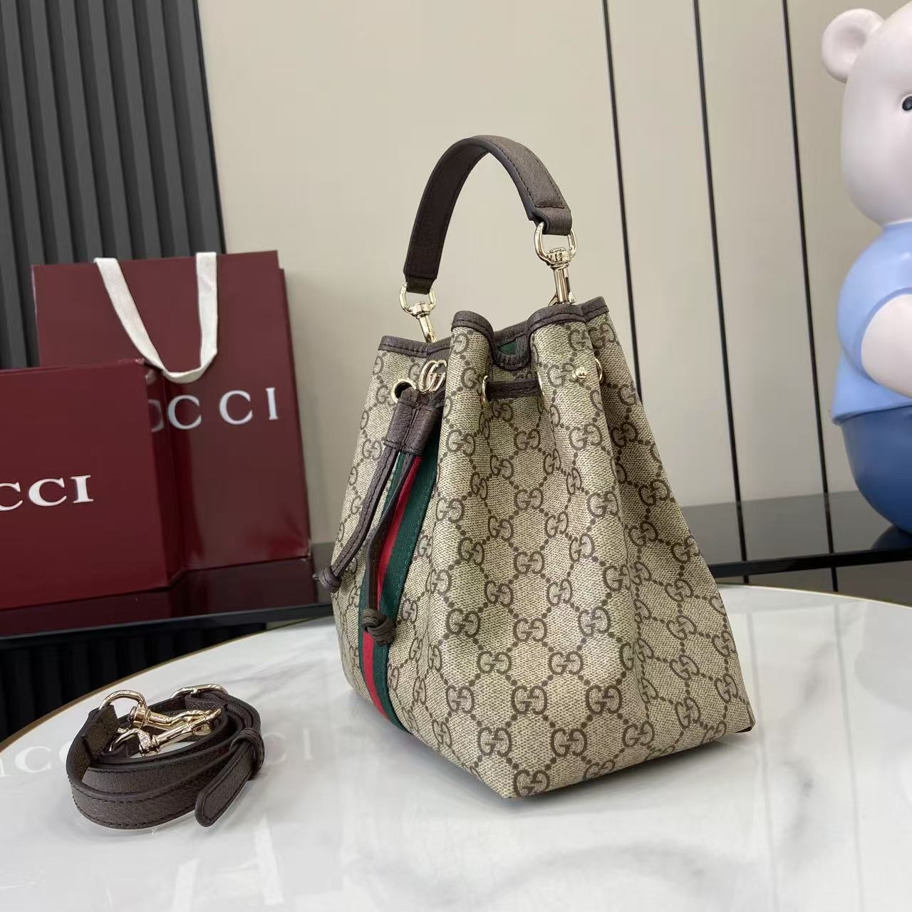 Gucci Bucket 498156 in Beige GG Supreme Canvas with Leather Trim and Drawstring Designer Bag