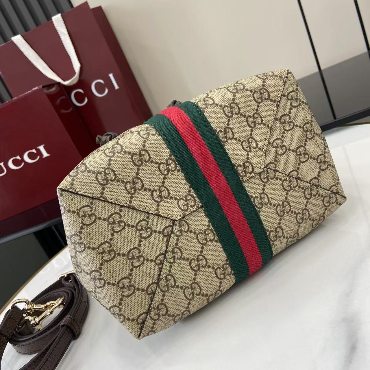 Gucci Bucket 498156 in Beige GG Supreme Canvas with Leather Trim and Drawstring Designer Bag