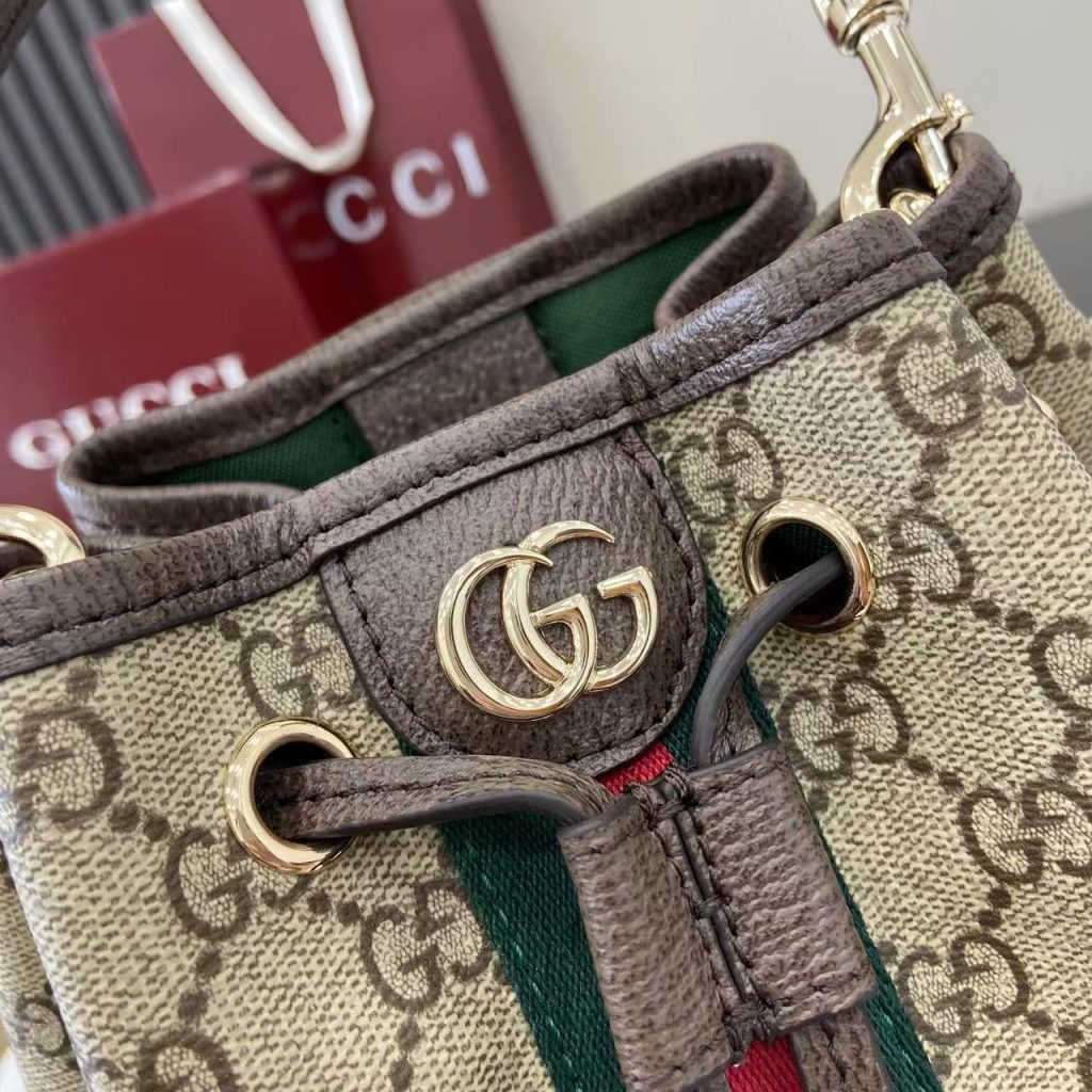 Gucci Bucket 498156 in Beige GG Supreme Canvas with Leather Trim and Drawstring Designer Bag