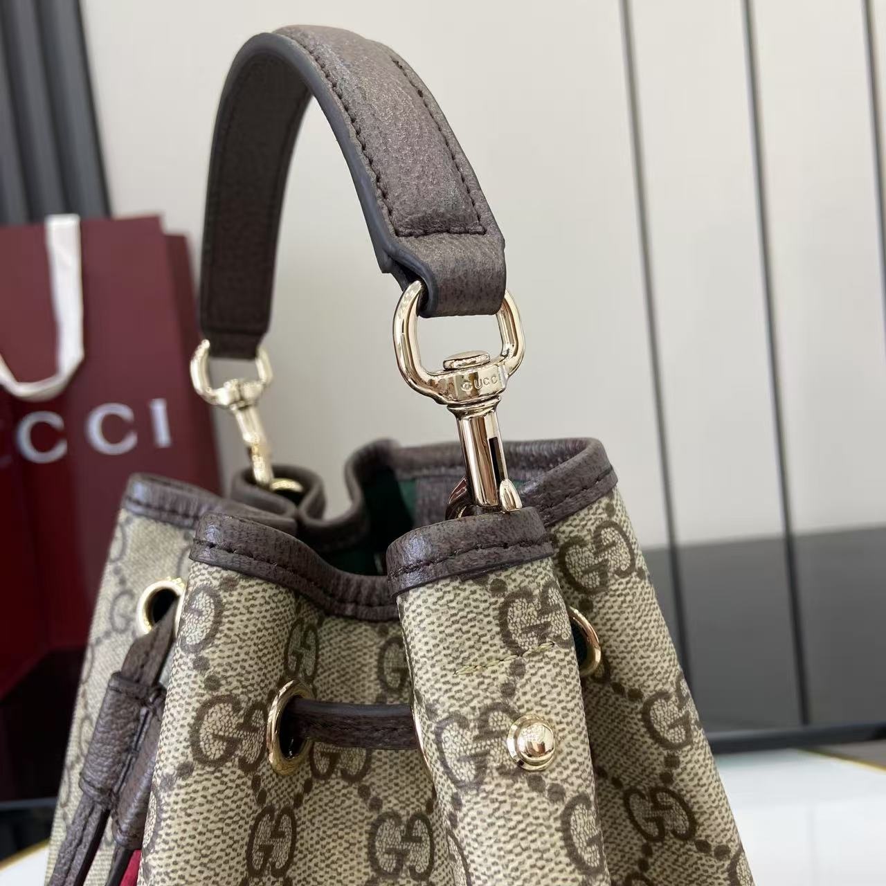 Gucci Bucket 498156 in Beige GG Supreme Canvas with Leather Trim and Drawstring Designer Bag