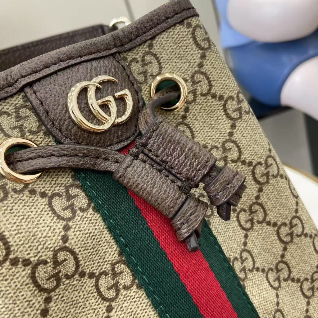 Gucci Bucket 498156 in Beige GG Supreme Canvas with Leather Trim and Drawstring Designer Bag